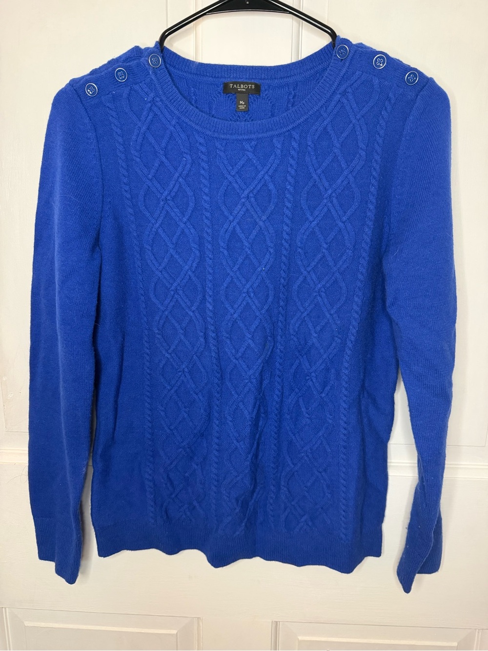 Talbots Petites MP Nylon Lambswool Cable-Knit Pullover Crewneck Blue Button